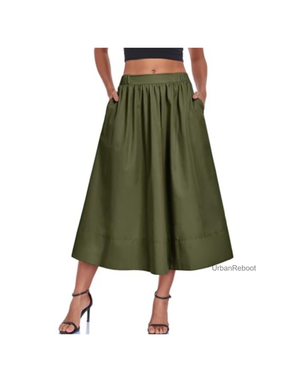 A-Line Midi Skirt Casual Summer High Waist Pleated Flowy Beach Long Skirt Pocket